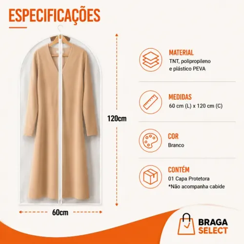 Capa Protetora para Roupas com Zíper | 60x120cm | Anti Poeira