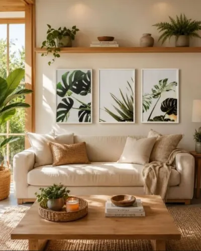 Kit com 3 quadros decorativos folhas verdes com moldura em madeira.