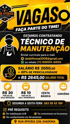 Técnico de Manutenção - R$ 2.645 + Benefícios - Diadema
