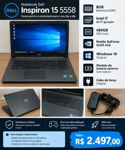 Notebook Dell Inspiron 15 5558 i7 8GB SSD 480GB GeForce 920M