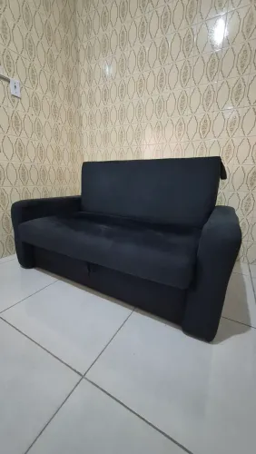Sofá Cama 2 Lugares com Baú Veludo Azul
