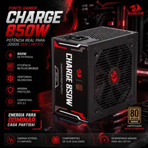 Fonte 850W Redragon Charge, ATX 3.1, 80 Plus Bronze, Preto, FRC-850