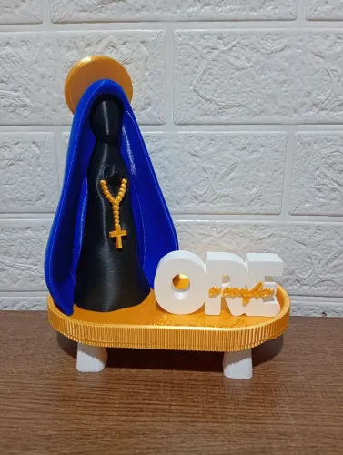 Kit Nsa. Sra. Aparecida + Porta-Terços Dourado + Ore e Confie Azul/Preto Escultura Minima