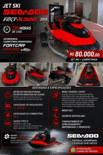 Jet Ski Sea Doo - RXT-X 300 - 130H de uso com Carretinha Rodoviária
