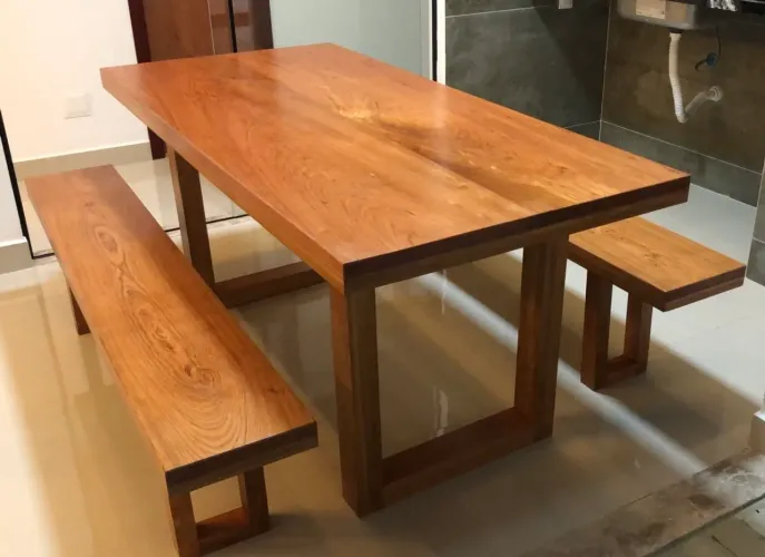 Conjunto Mesa e Bancos em Madeira Maciça Jatobá de 2.0m x 80cm