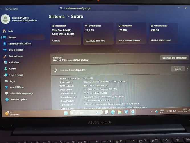 Notebook asus vivobook x1404va 238gb