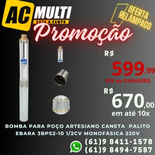 Bomba para poço artesiano caneta  palito Ebara 3BPS2-10 1/2Cv Monofásica 220V