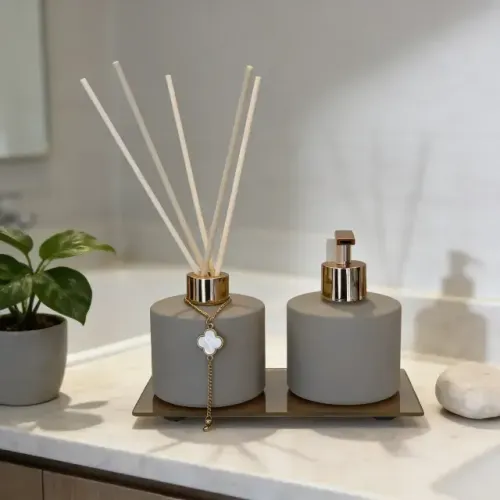Kit Lavabo Luxo Bege Fosco Com Bandeja Espelhada Dourada