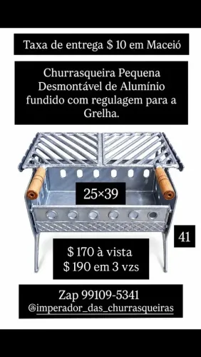 Churrasqueira Pequena Desmontável de Alumínio fundido 25×39 com regulagem para a Grelha