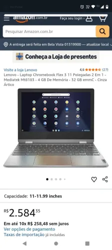 Lenovo Chromebook Flex 3 tela de 11 polegadas 4 GB de memória RAM e 32 GB de armazenamento