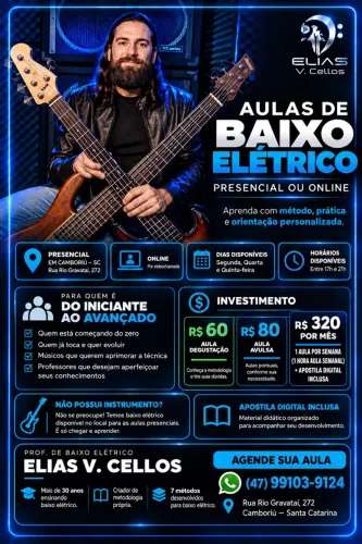 Aulas de Baixo Elétrico Presencial ou Online em Camboriú
