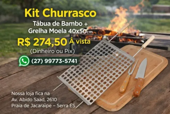 Kit Churrasco - Grelha Moela 40x50 cm + Tábua, Faca e Garfo