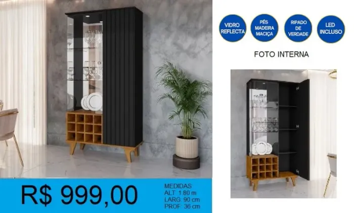 CRISTALEIRA - RIPADO DE VERDADE -VICRO REFLECTA -PÉS DE MADEIRA MACIÇA = RECEBA EM ATE 72H