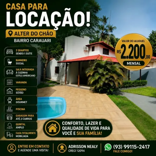 Casa Mobiliada para Locação Anual em Alter do Chão - Piscina e Área Gourmet