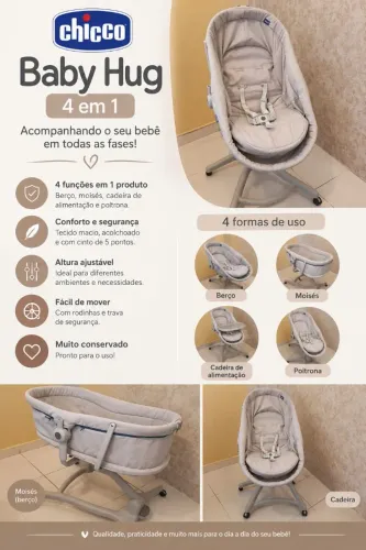 Chicco Baby Hug 4 em 1 - Berço, Moisés e Cadeira - Cinza/Off-White