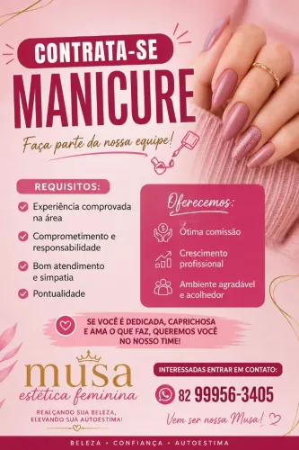 Contrata-se manicure e nail designe com experiência!