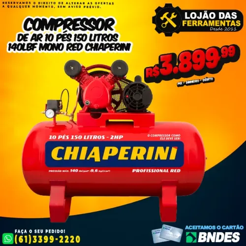 Compressor de Ar 10 Pés 150 litros 2Hp Mono Chiaperini Red