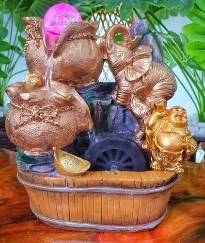 Fonte de Água Elefante Dourado Sorte com Buda Fortuna 20cm