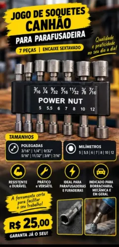 Jogo de Soquetes Canhão Power Nut - 7 Peças