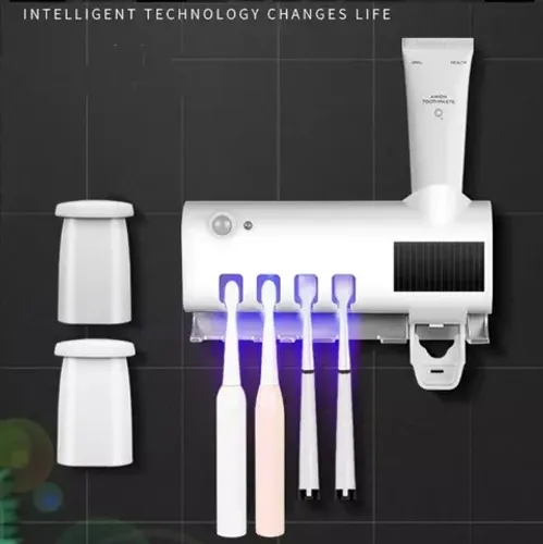 Suporte para Escovas de Dente com Dispenser de Pasta e Esterelização UV