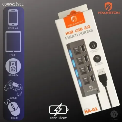 Hub Usb 2.0 - 4 Multi Portas - H'Maston - HA-01
