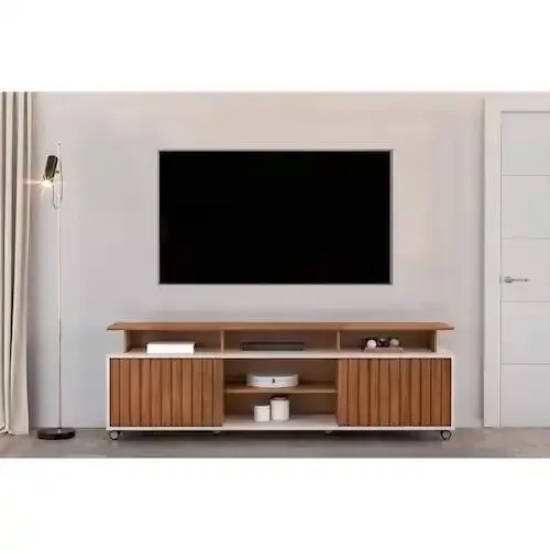 Rack Bancada Para TV até 70 Polegadas Olimpic Ripado Rodízios Freijó/Off White - Dj<br>