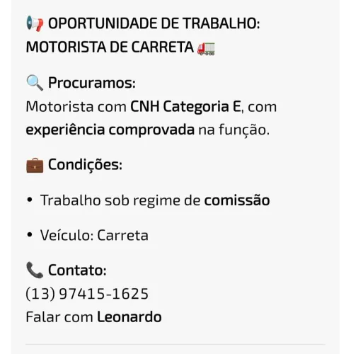 Vaga para motorista carreteiro ( Cat E)