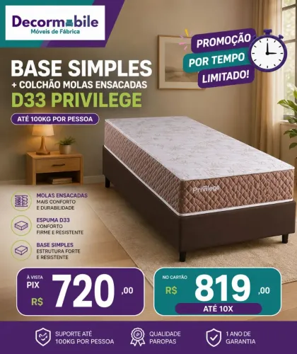 Base simples solteiro + colchão solteiro molas ensacadas Privilege D33 23 cm