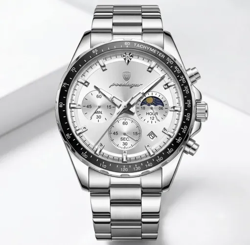 Relógio Clássico Luxuoso Premium Poedagar 879 Inox SL Silver White Cronografo Pulseir Inox
