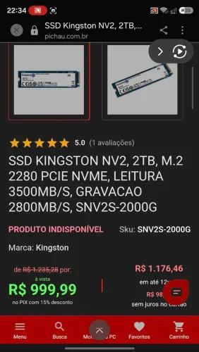 Ssdmve kingston 2 tera M2 pcie 4.0 leitura 3500mbs/2800 escrita