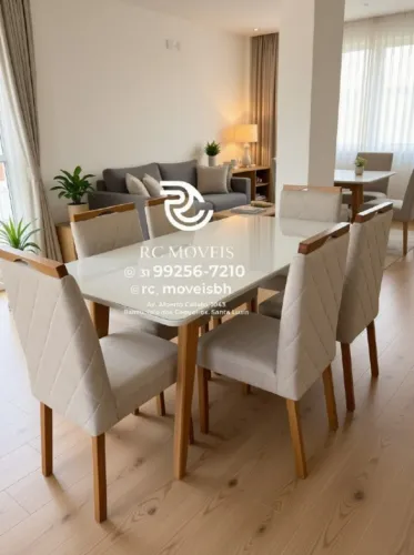 Conjunto Mesa de Jantar com 6 Cadeiras Madeira Tampo Vidro Laqueado 1,70x0,90 Natural