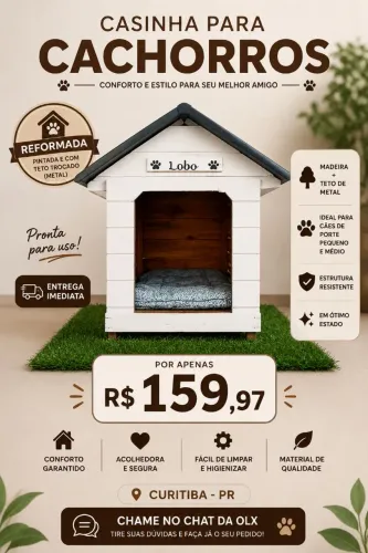 Casinha para Cachorro em Madeira com Teto de Metal - R$ 159,97
