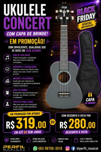 Ukulele concert com capa de brinde em promoção