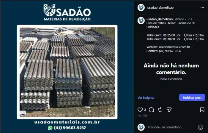 Telhas Eternit 6mm e 8mm. O lote com 50 unidades a partir.