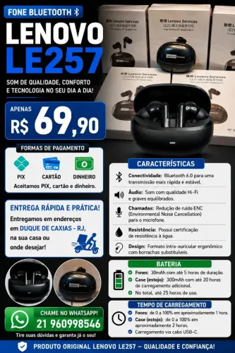 Fone Bluetooth Lenovo LE257 Original - Hi-Fi, ENC e 25h de Bateria