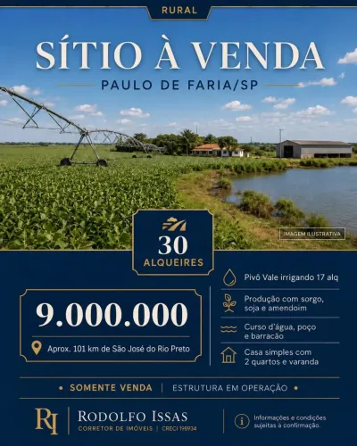 SÍTIO À VENDA EM PAULO DE FARIA/SP 30 ALQUEIRES PAULISTAS, PIVÔ VALE E 17 ALQUEIRES IRRIG