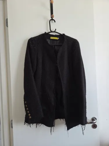 Blazer Casaco Feminino em Tweed Preto com Aplicação de Pedraria Tamanho P