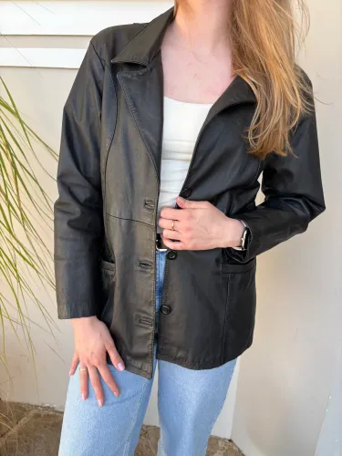 Blazer de couro legítimo preto feminino tamanho M