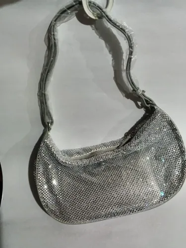 Bolsa Shoulder prata tela strass pequena