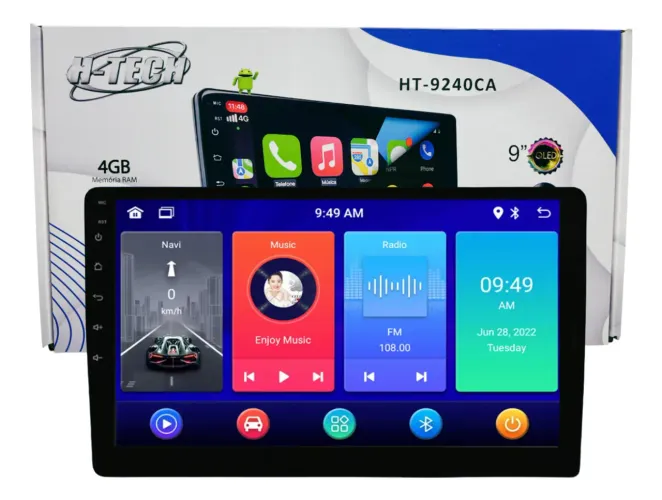 Multimídia Android H-tech 9 Slim Full Touch | 4GB 64GB | GPS CarPlay Wi-fi Bluetooth