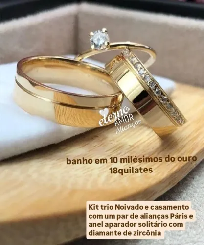 KIT TRIO DE ALIANÇAS NOIVADO E CASAMENTO 