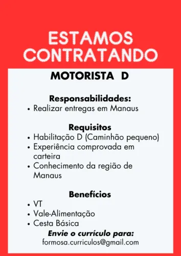 MOTORISTA CATEGORIA D - COM EXPERIÊNCIA 