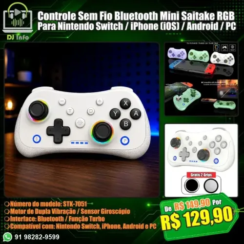 Controle Sem Fio Bluetooth Mini Saitake RGB Nintendo Switch / iPhone / Android / PC
