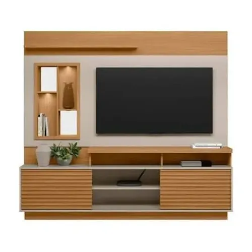 Painel para TV + Rack Completo Amadeirado - Com Nichos e Portas Ripadas