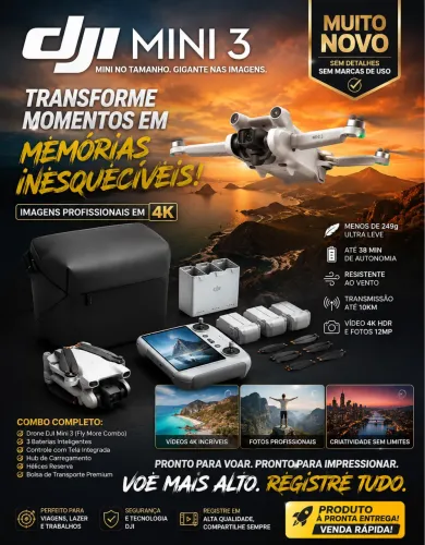 Drone DJI Mini 3 Fly More Combo - Estado de Novo - Controle DJI RC com Tela - 3 Baterias