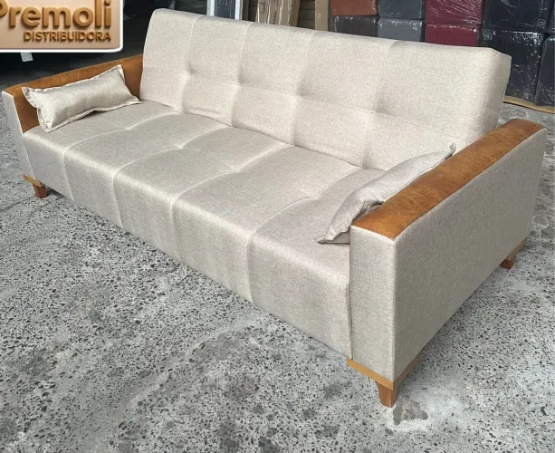 Sofá Cama Assento 10Cm Espuma 2.06m Molas Bonel Cor Bege Linho Pés de Madeira