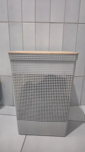 Cesto de Roupas com Tampa de Bambu 49L Branco Oceano Linha Grid