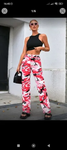 Calça Jeans rosa preto Camuflada rosa Kpop Aespa cosplay wide leg cargo