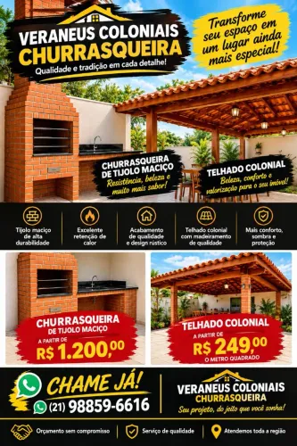 Churrasqueira de tijolos maciço e telhados Coloniais 