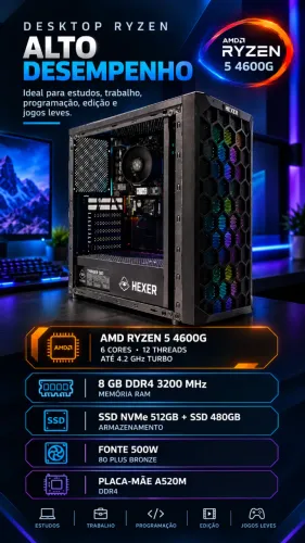 PC Ryzen 5 4600G | 8GB RAM 3200MHz | NVMe 512GB + SSD 480GB